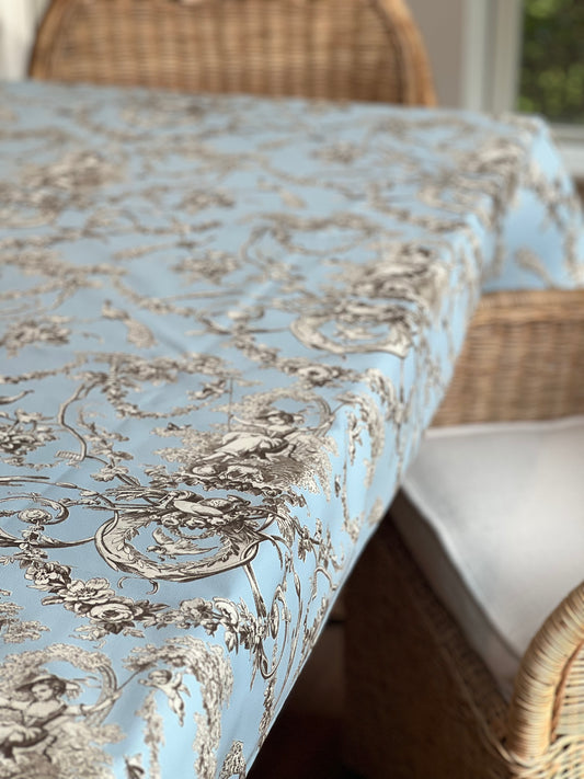 French Toile Tablecloth Ludivine in Baby Blue and Brown
