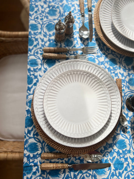 Provincetown Blue Floral Block Print Tablecloth (Large)