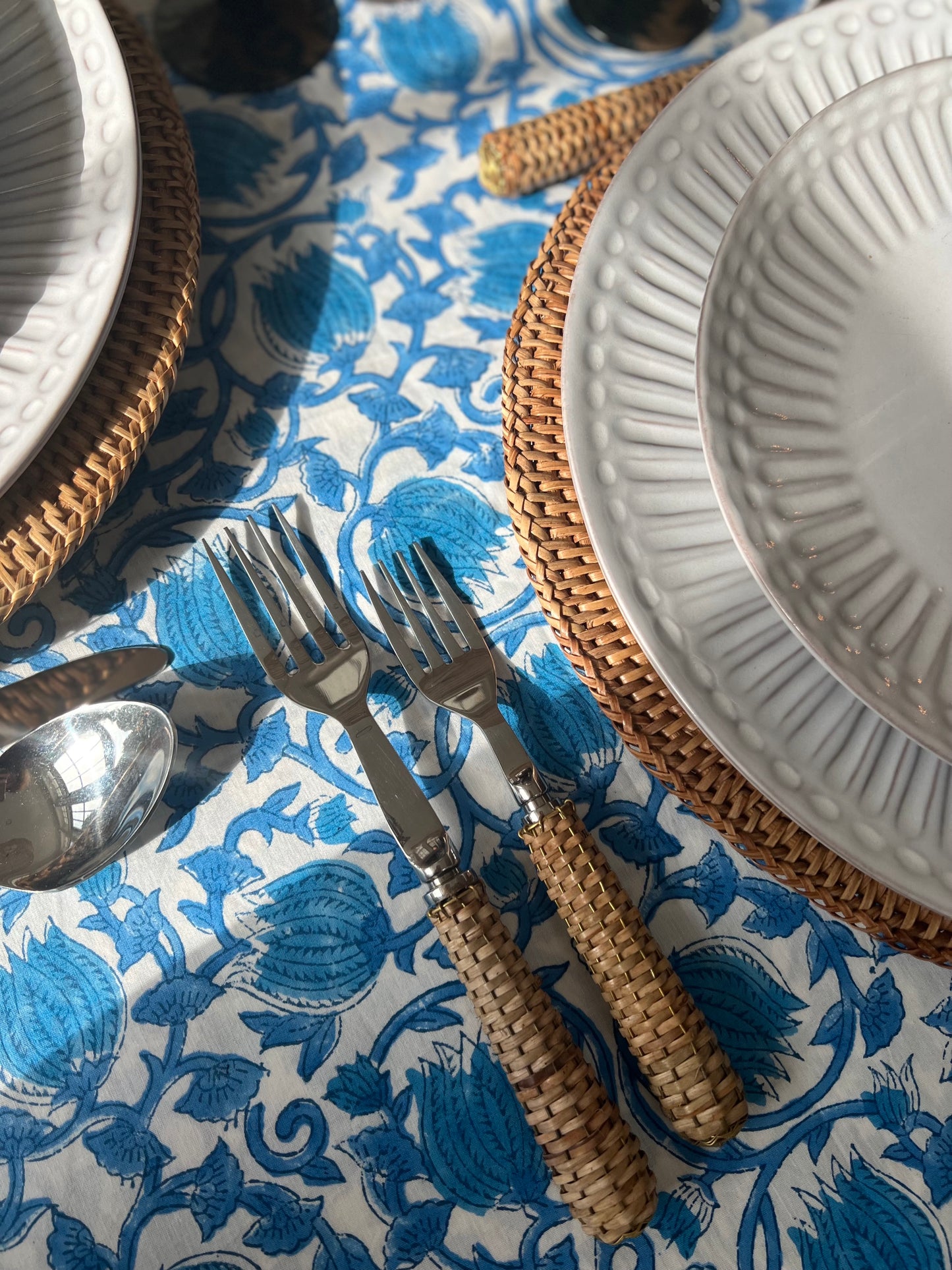 Provincetown Blue Floral Block Print Tablecloth (Large)
