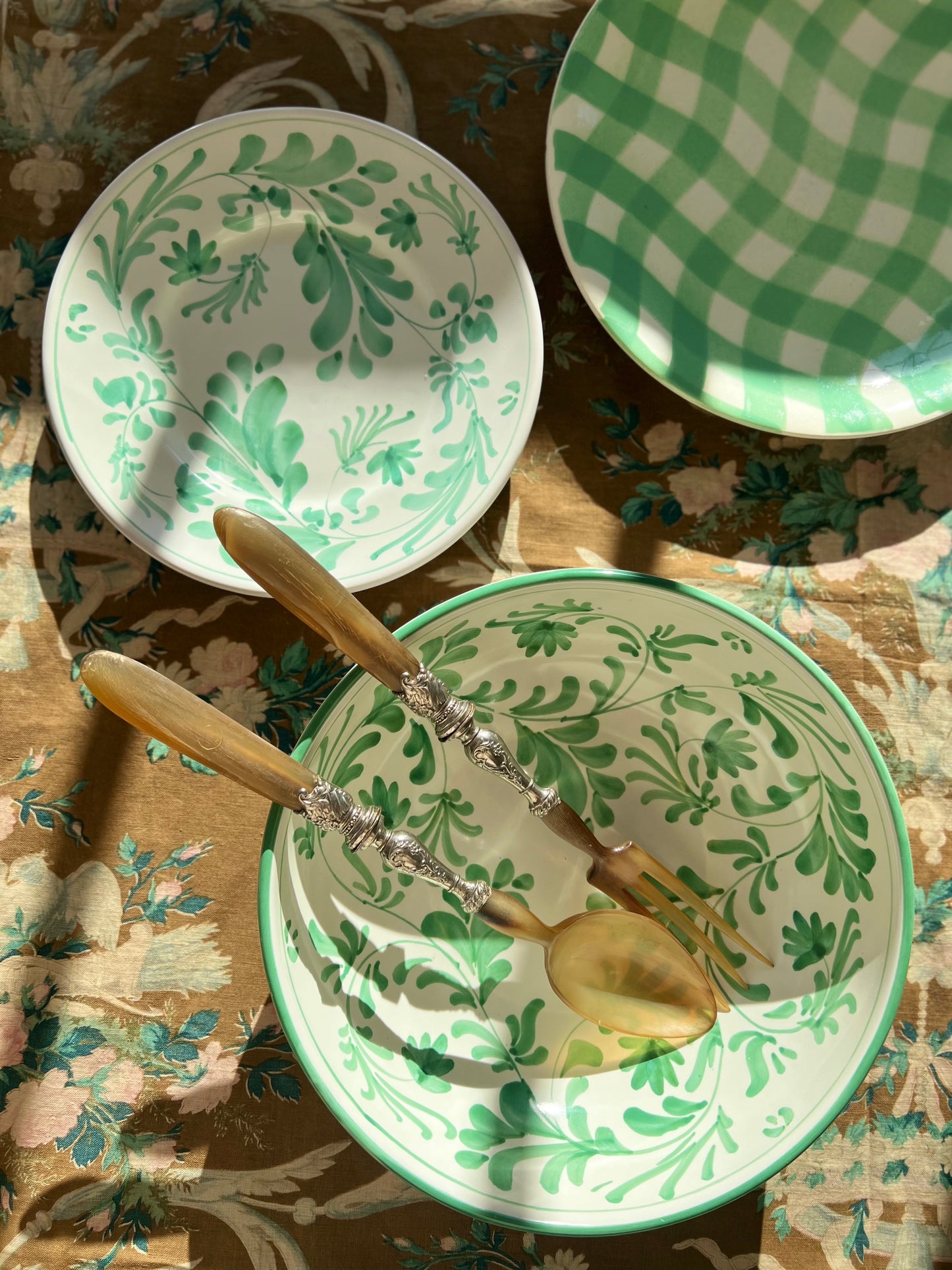 Set of 3 Vintage Gingham Dinner Plates in Mint Greens by Salins