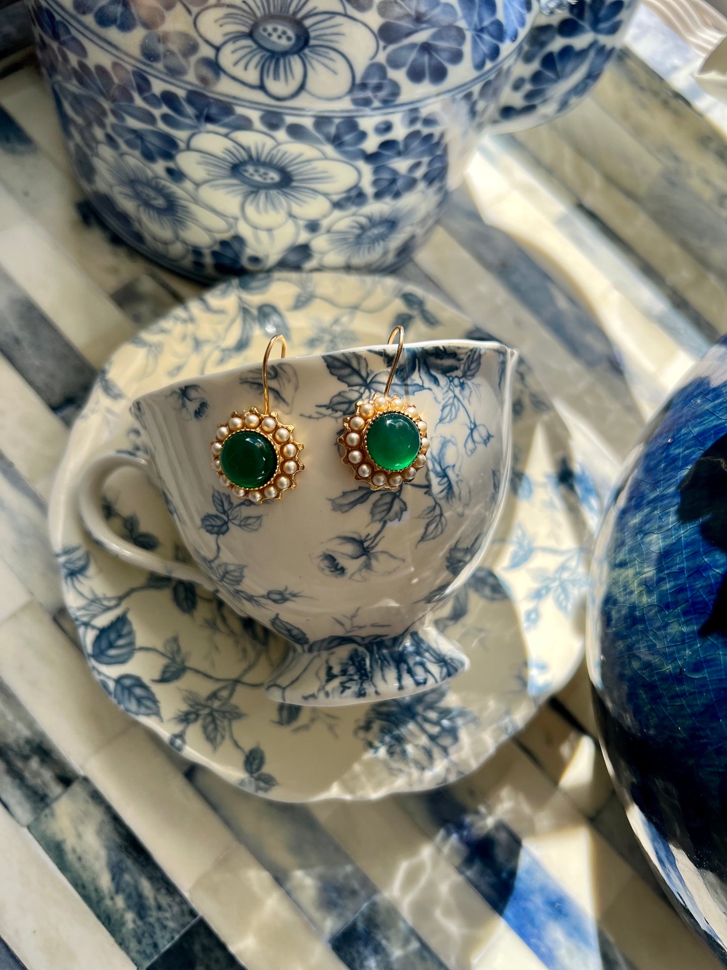 Button Stone Green Agate Earrings