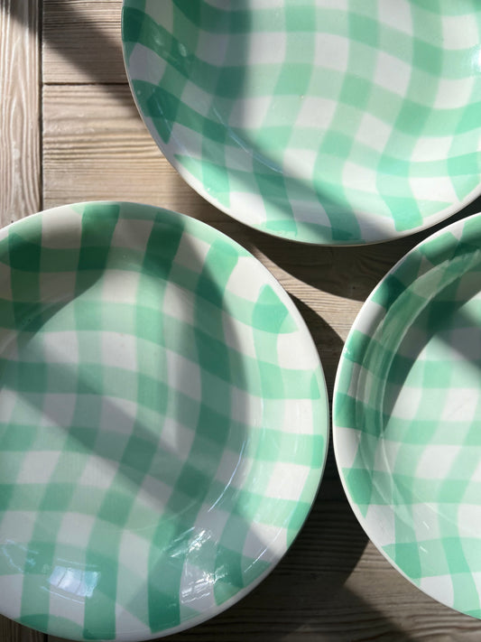 Set of 3 Vintage Gingham Deep Plates in Mint Greens by Salins
