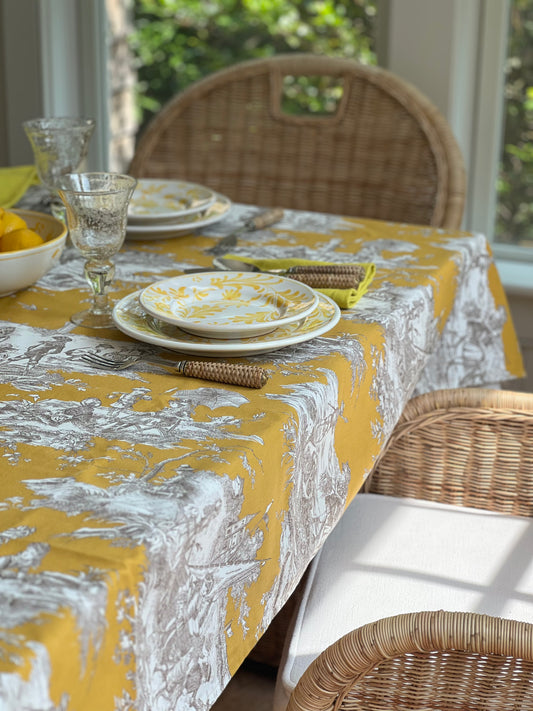 French Toile Tablecloth Chinoiserie in Yellow