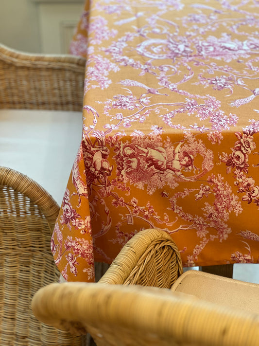 French Toile Tablecloth Ludivine in Pink and Orange