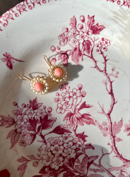 Small Button Stone Pink Coral Earrings