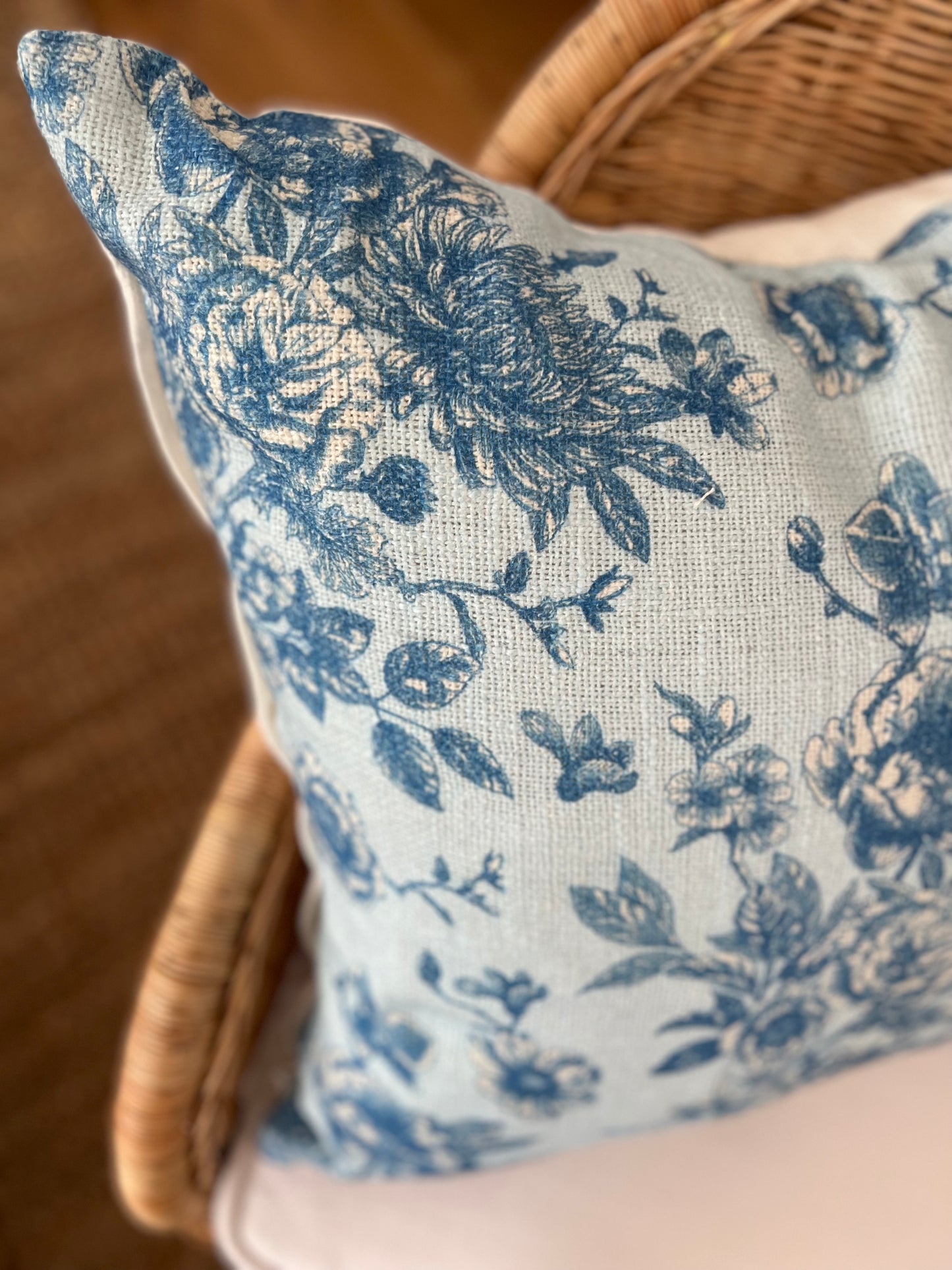 Serenity Toile De Jouy Roses Pillow Cover in Sky Blue