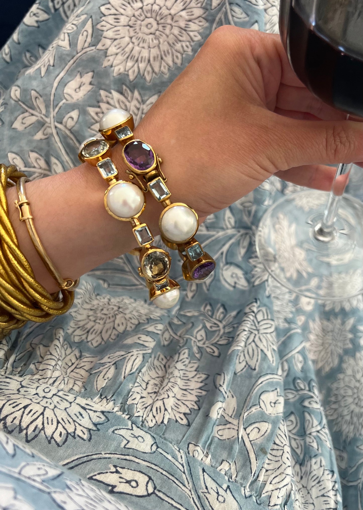 Round Bangle Pearls, Blue Topaz and Amethyst