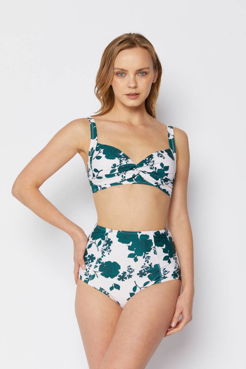 Vintage Rose Knotted Bikini – Green & White