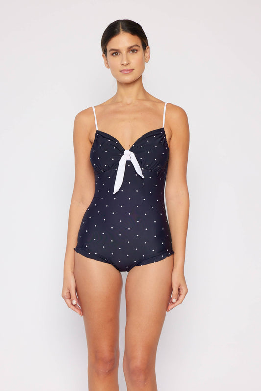 Retro Polka Dot One-Piece Swimsuit with Ruffle Trim – Navy & White