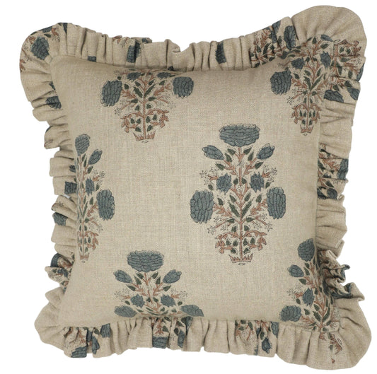 Handmade Linen Block Print Ruffle Pillow Cover