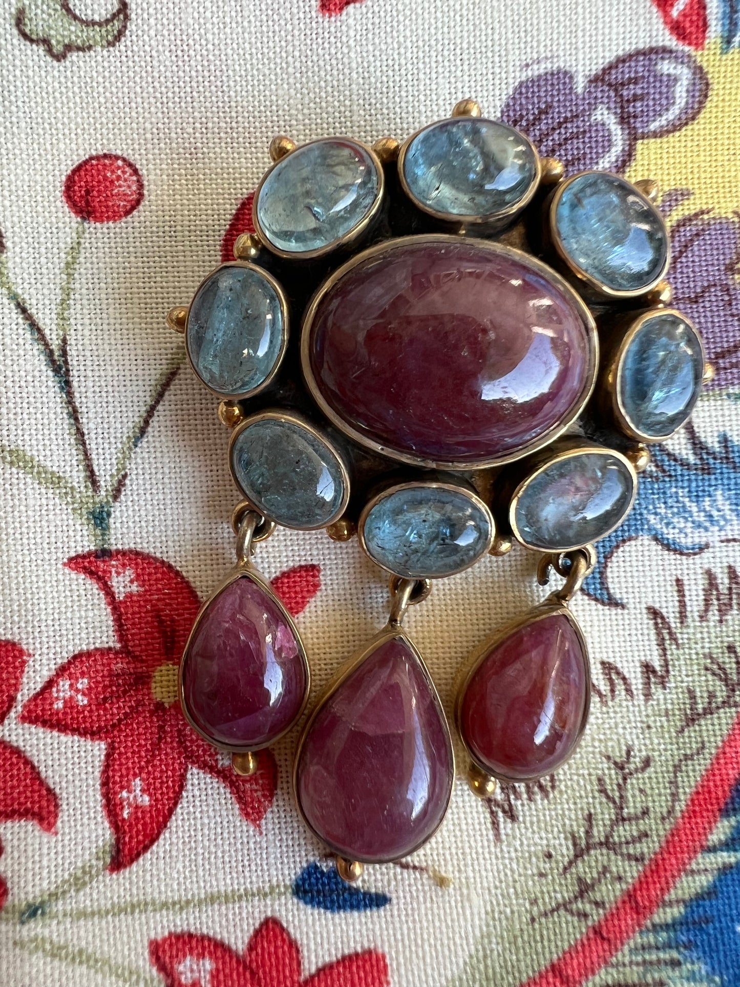 Aquamarine and Ruby Brooch