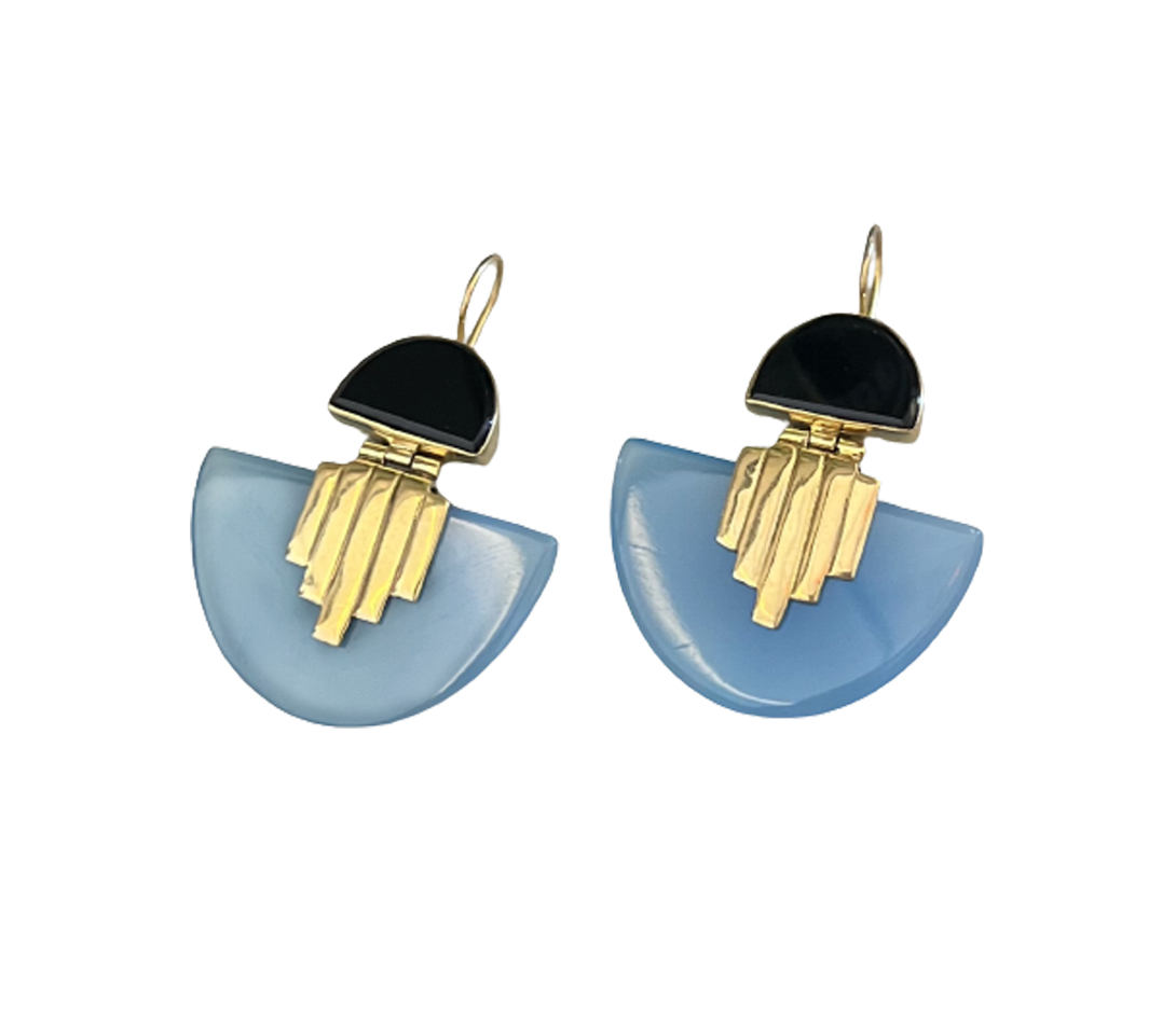 Art Deco Onyx Earrings Blue Agate