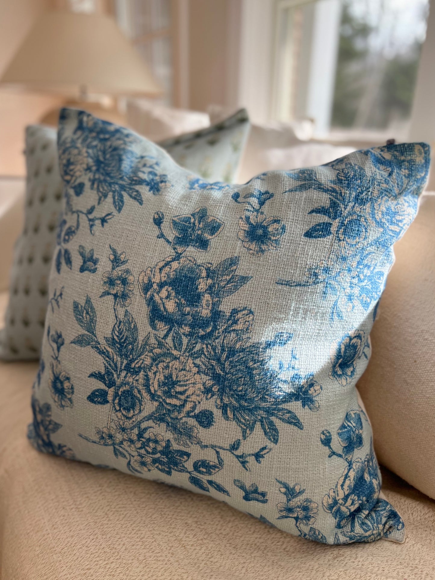 Serenity Toile De Jouy Roses Pillow Cover in Sky Blue