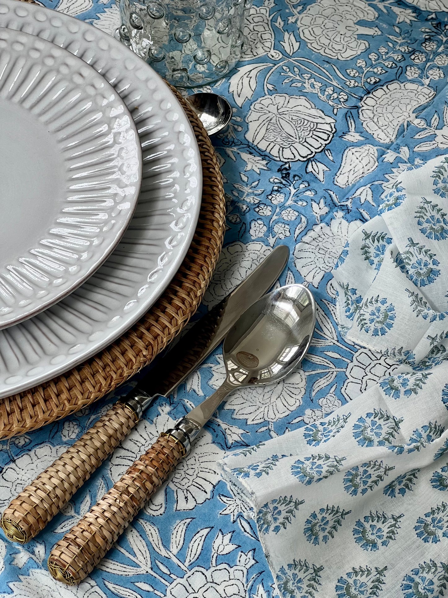 Harwich Blue Floral Block Print Tablecloth (Large)