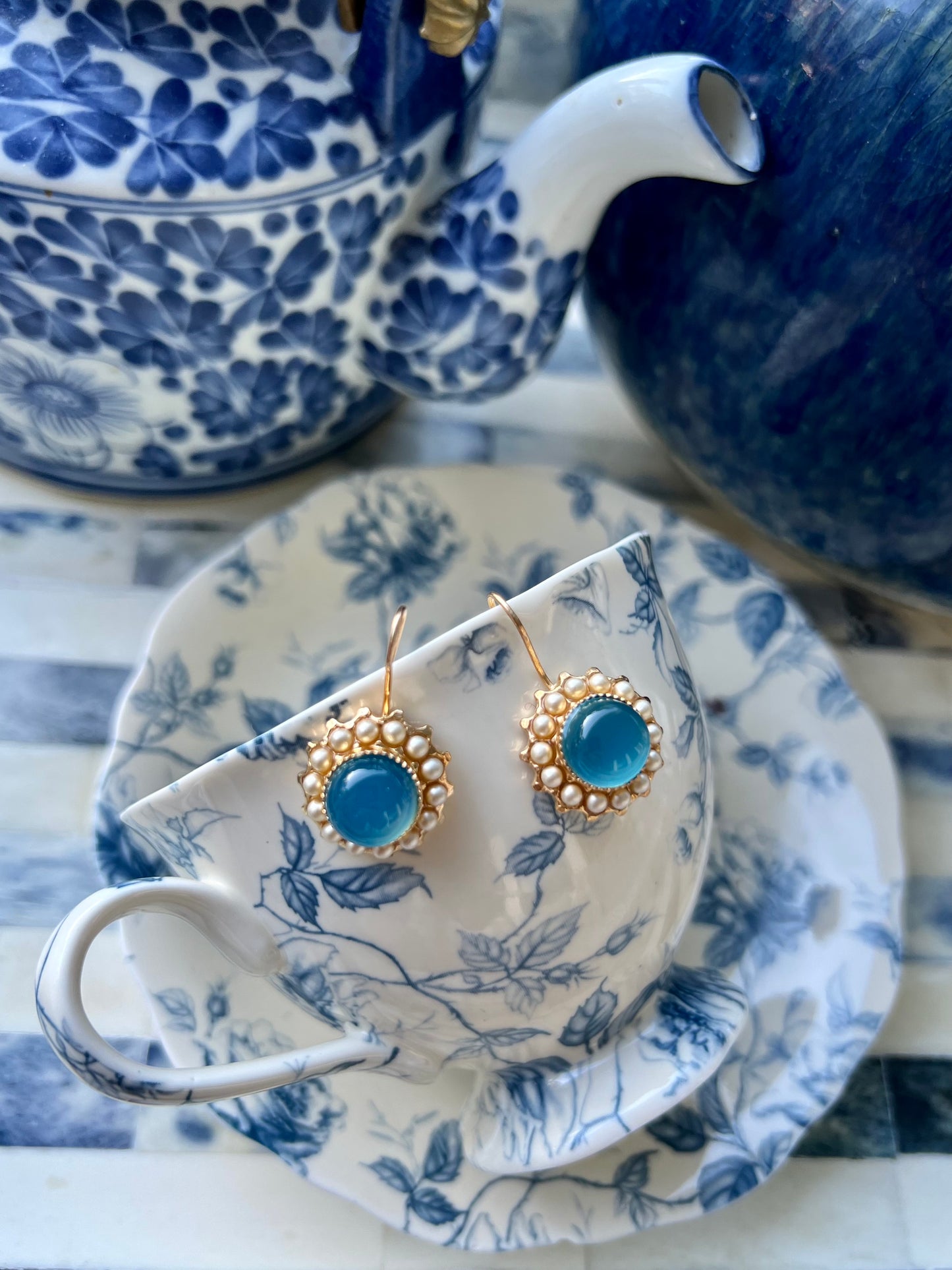 Button Stone Blue Agate Earrings