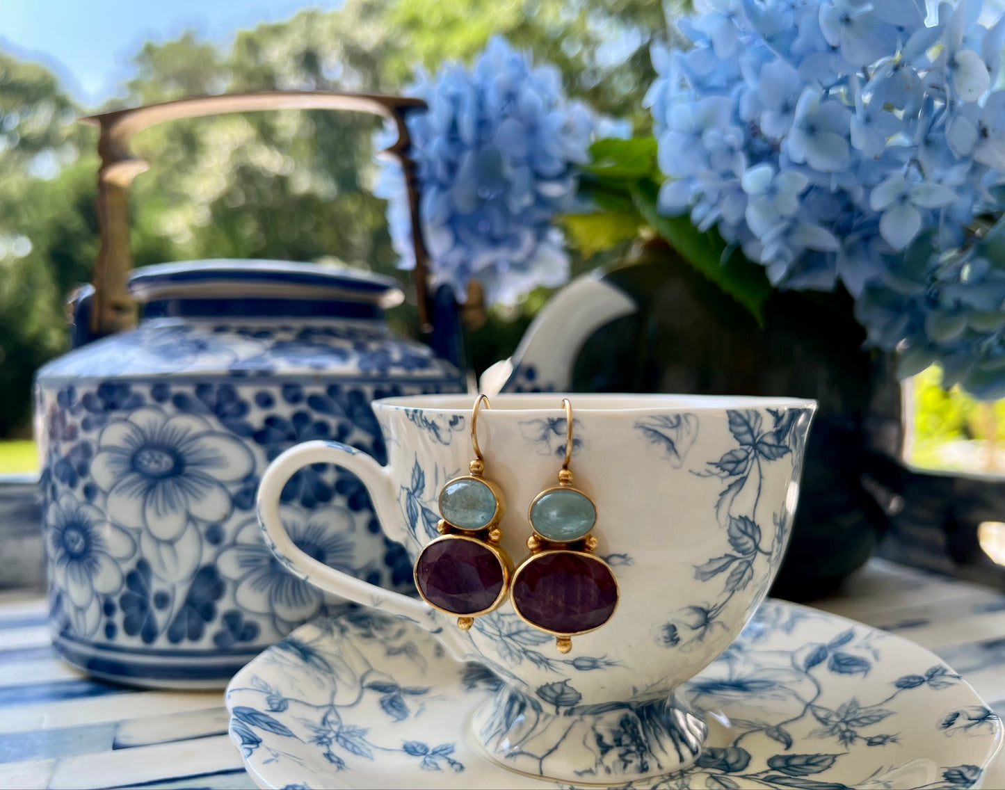 Aquamarine and Ruby Round Earrings