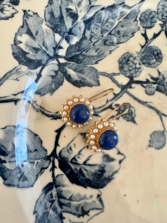 Button Stone Blue Lapis Lazuli Earrings