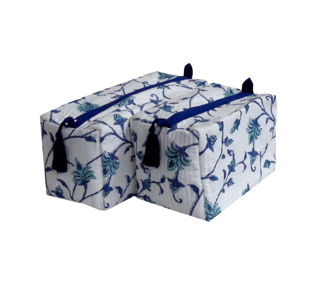 Set of Two Blue Floral Cosmetic Pouches