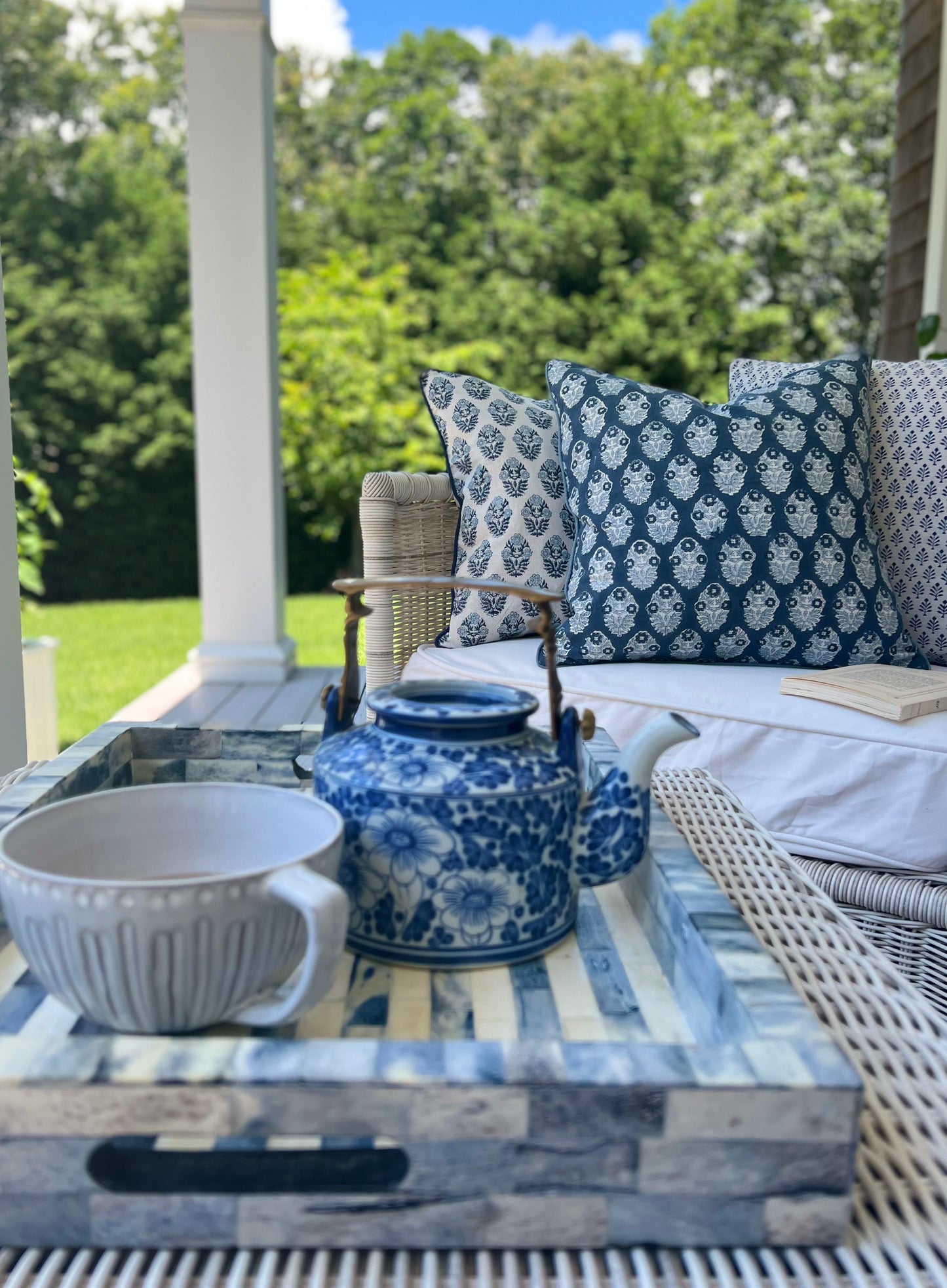 Cape Cod Blue Floral Pillow with Piping