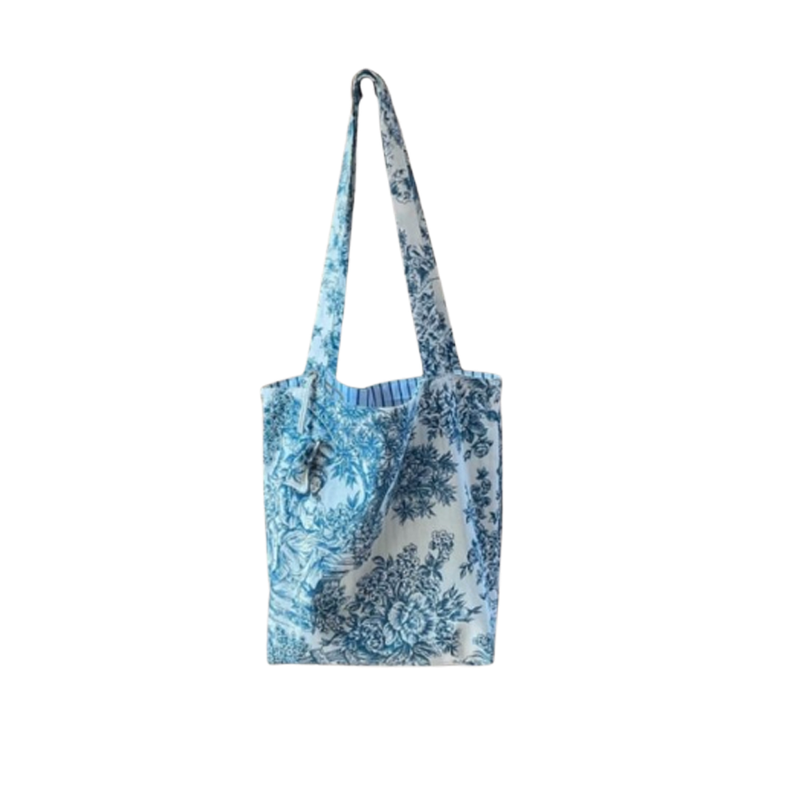 Small Blue and White French Toile de Jouy Tote Bag