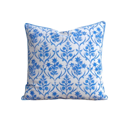 Cape Cod Blue Floral Pillow with Piping