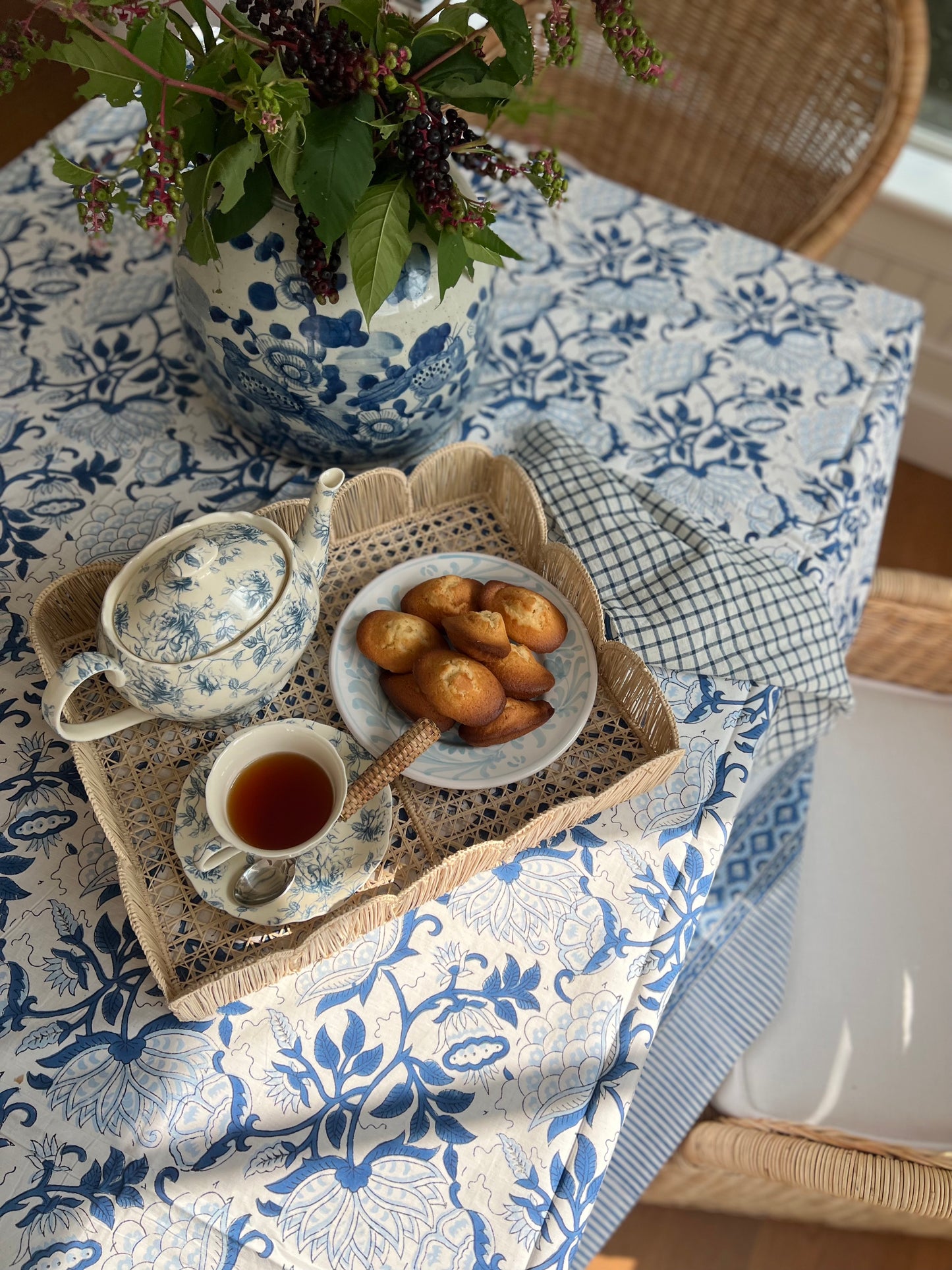 Chatham Blue Floral Block Print Tablecloth (Large)