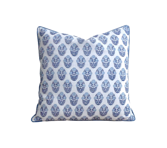 Cape Cod Blue Floral Pillow with Piping