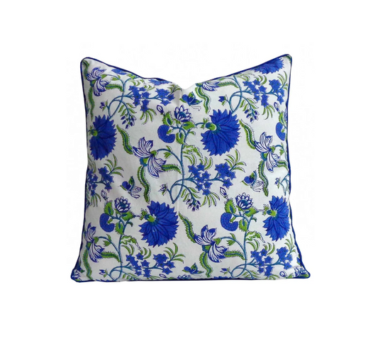 Cape Cod Klein Blue and Green Floral Pillow with Piping