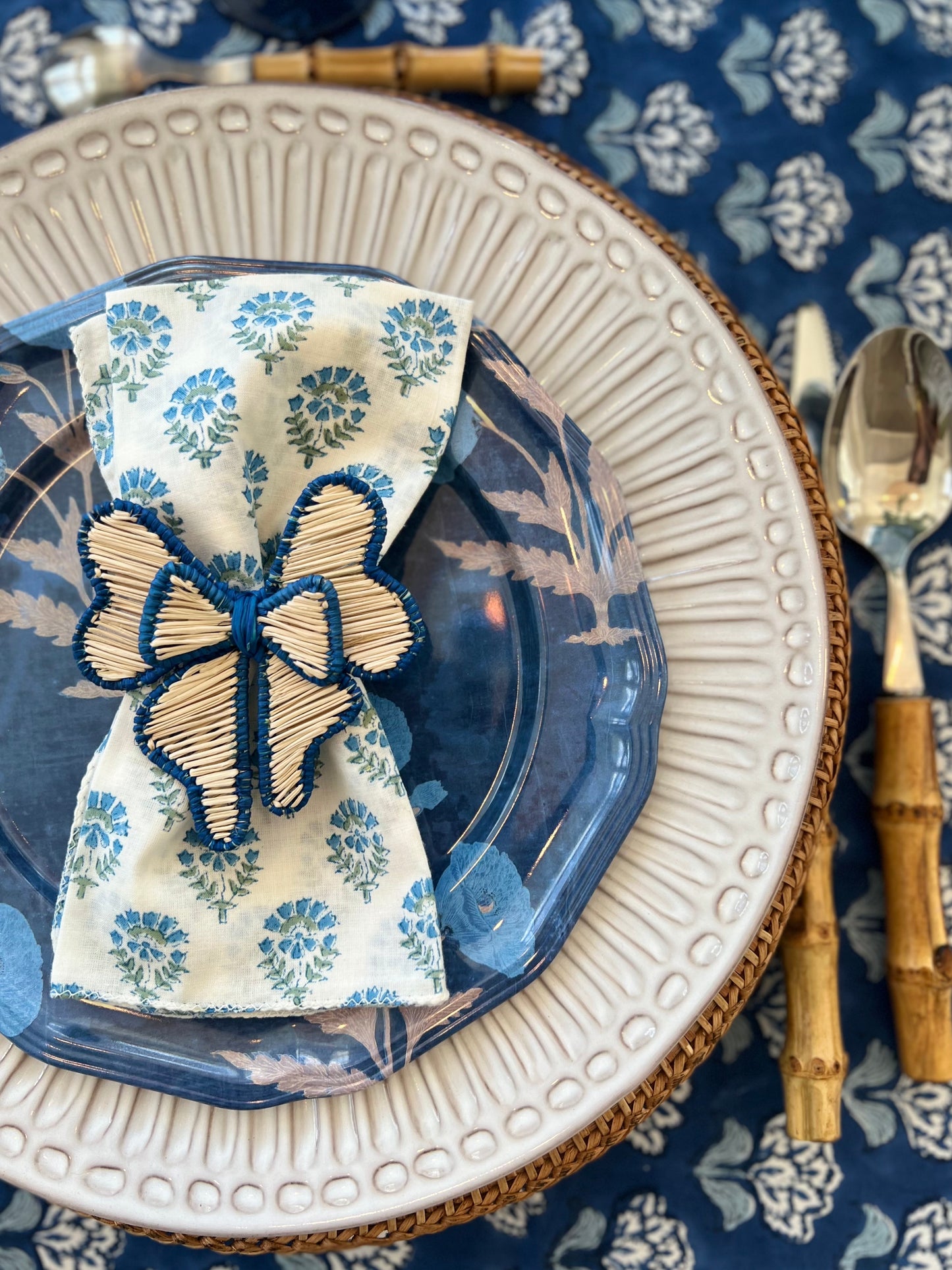 Hyannis Blue Floral Block Print Tablecloth (Large)