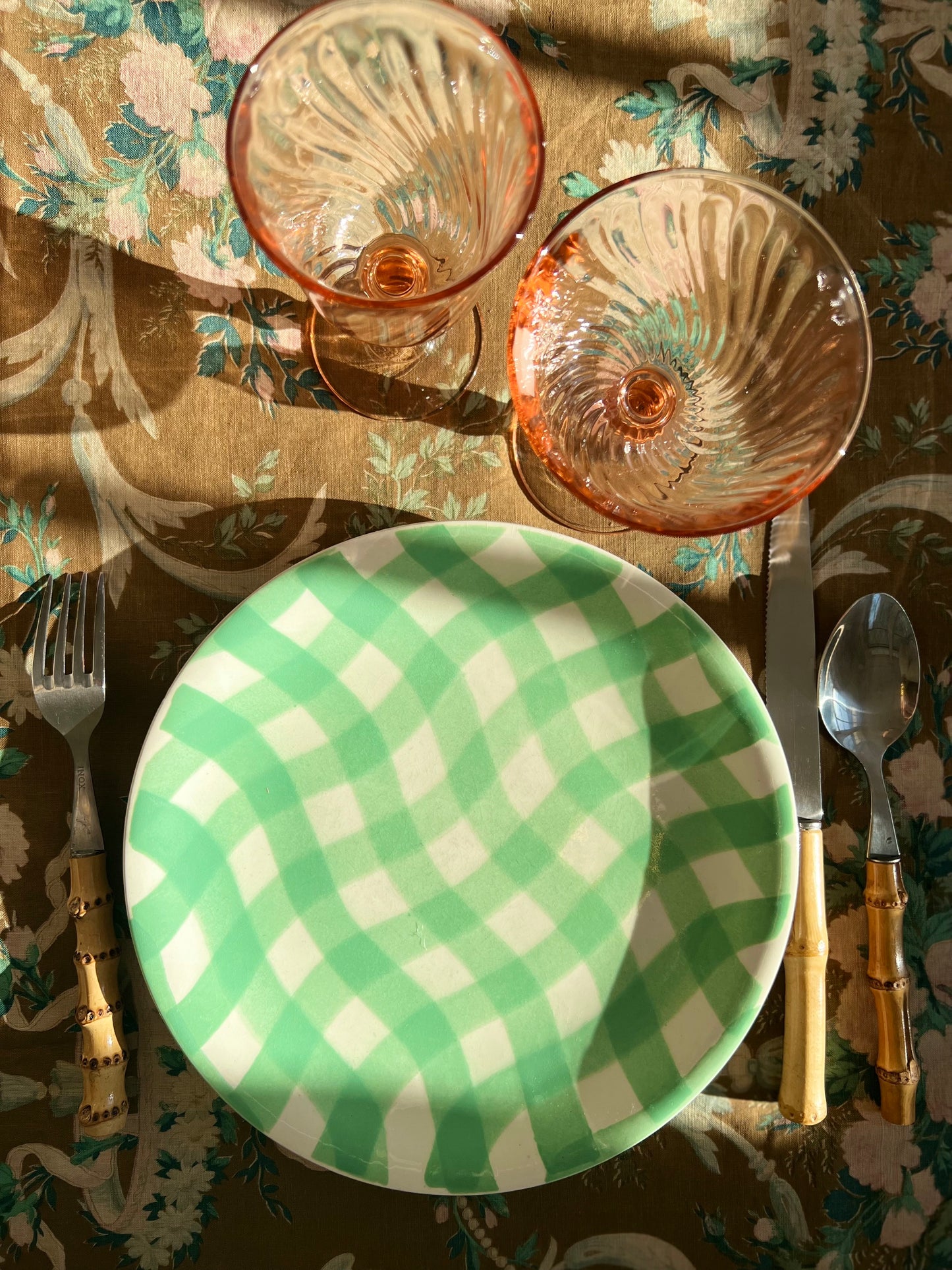 Set of 2 Vintage Gingham Dinner Plates in Mint Greens by Salins