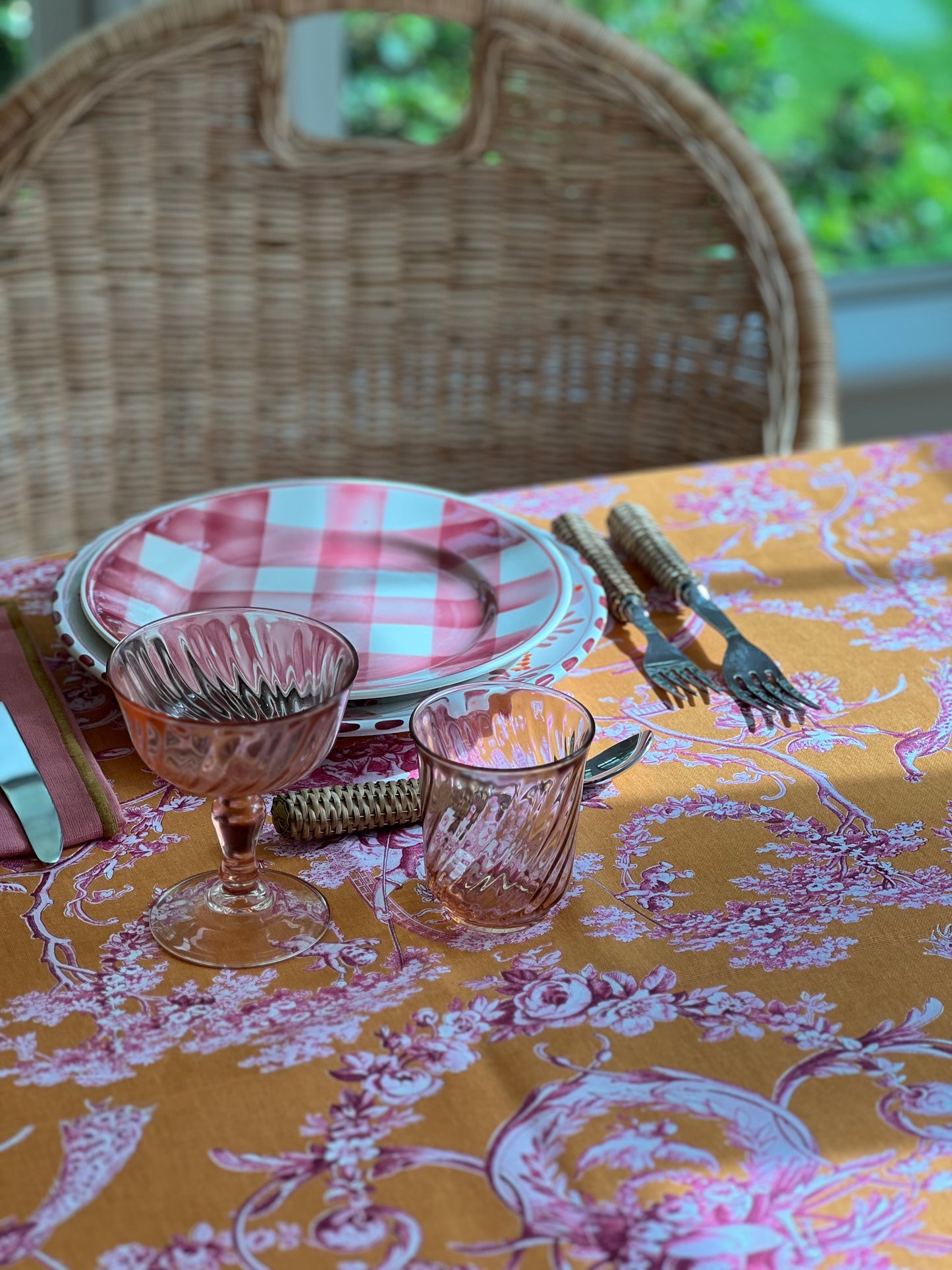 French Toile Tablecloth Ludivine in Pink and Orange