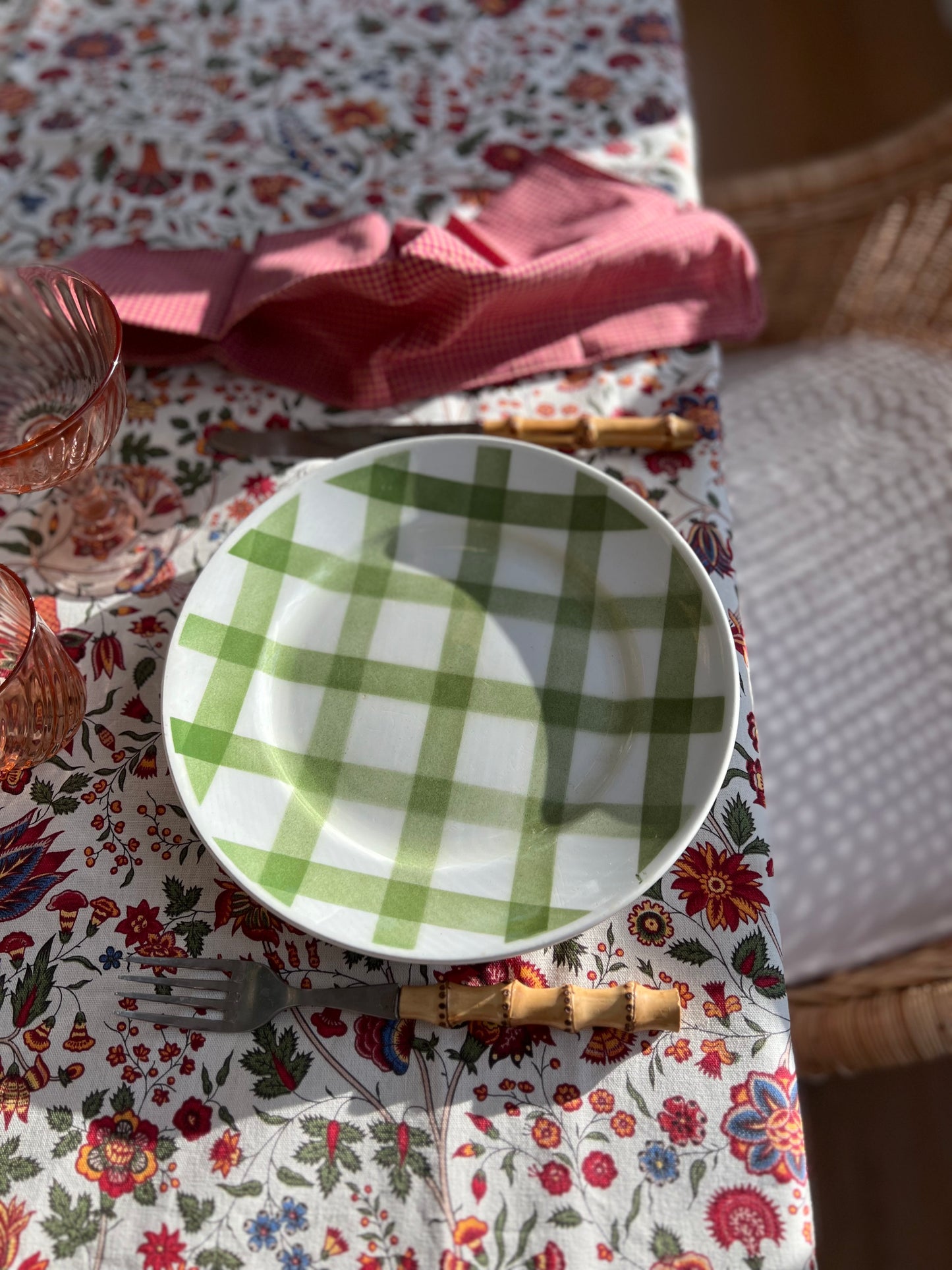 Set of 5 Vintage French Gingham Dinner Plates – Moulin des Loups Orchies “Nappe Verte"