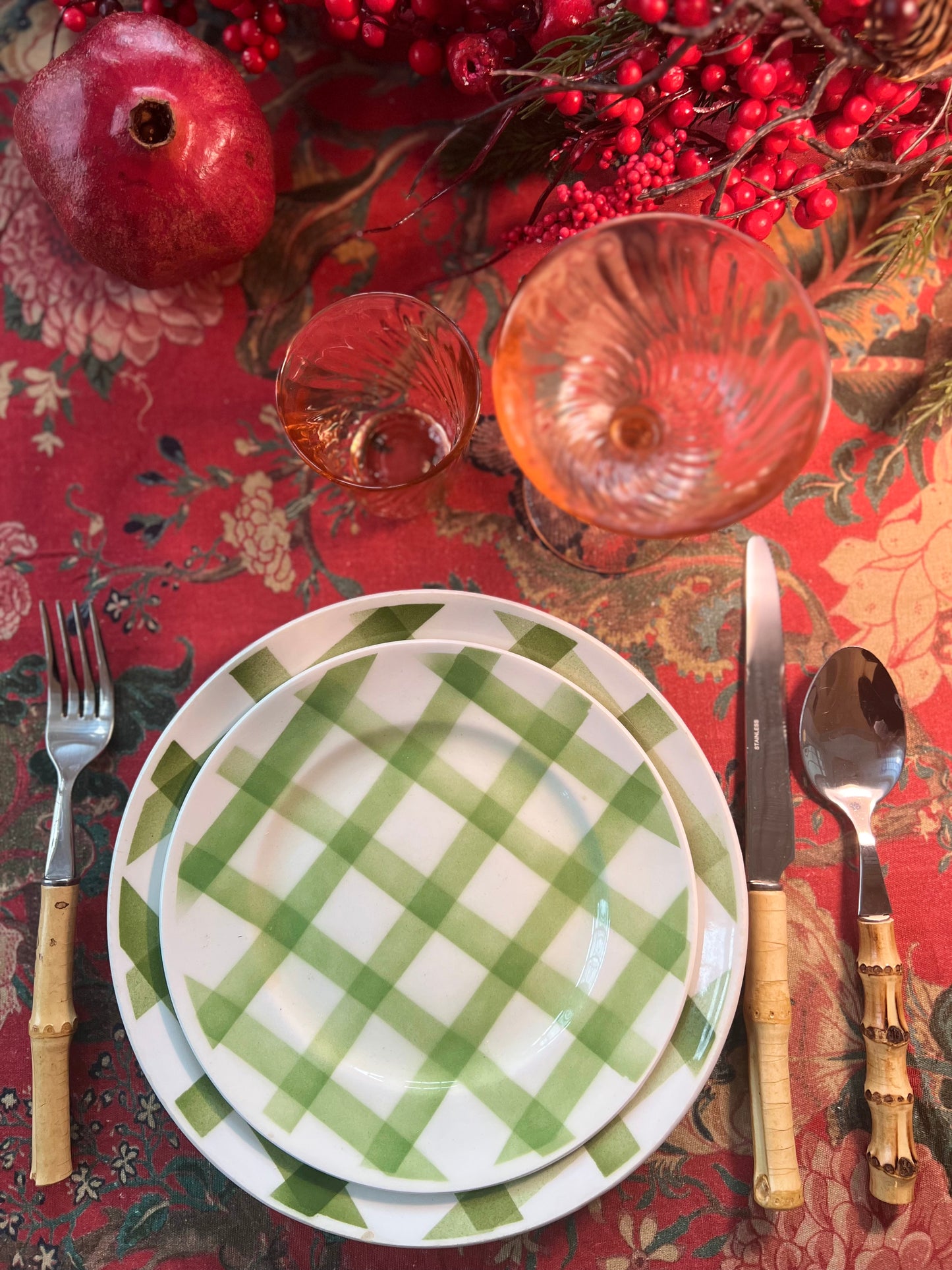 Set of 8 Vintage French Gingham Dessert Plates – Moulin des Loups Orchies “Nappe Verte"