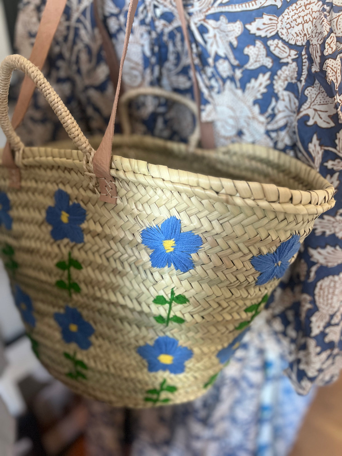 Floral Embroidered Straw Tote Bag