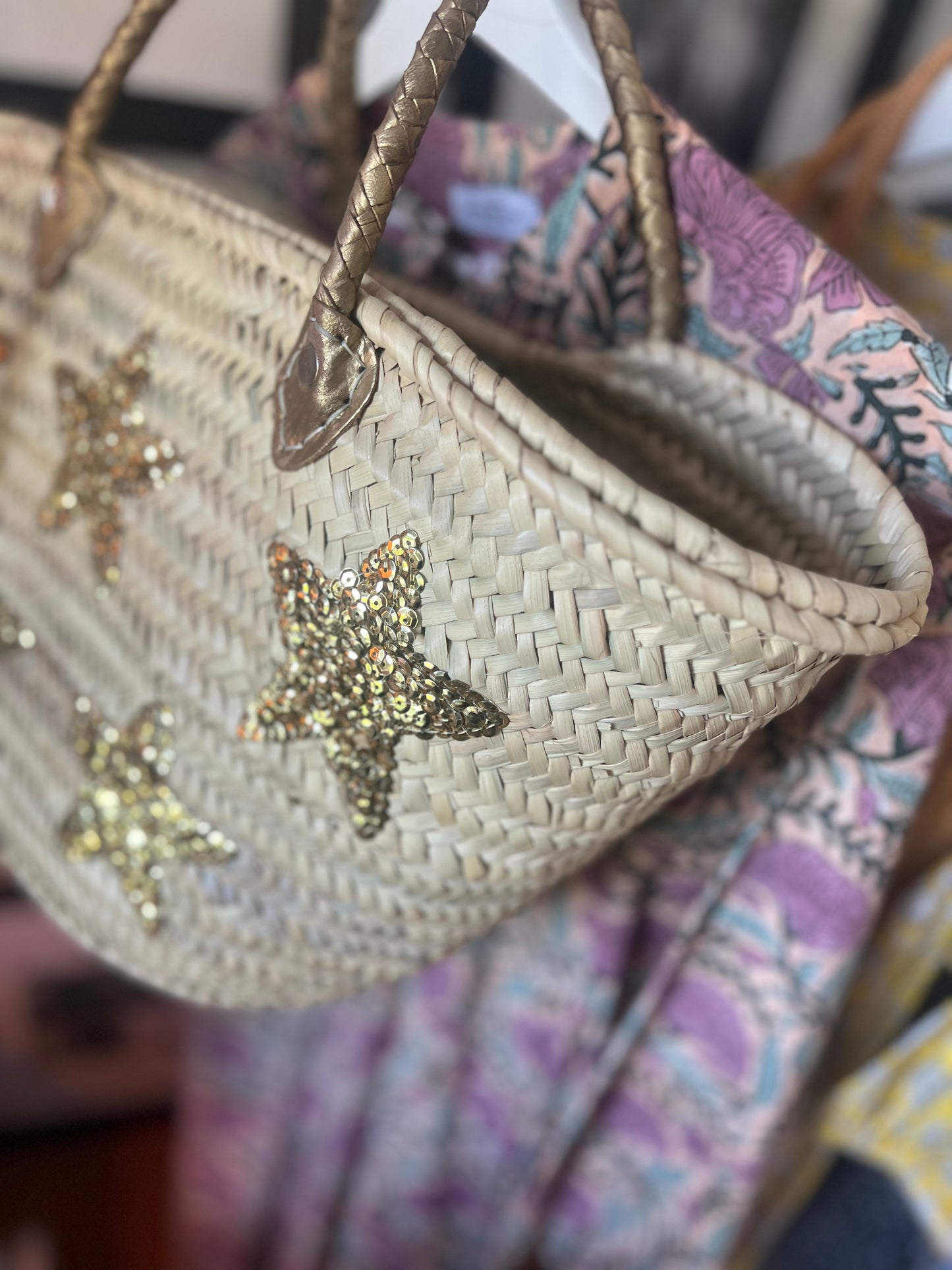 Handwoven Straw Tote Bag with Gold Star Accents