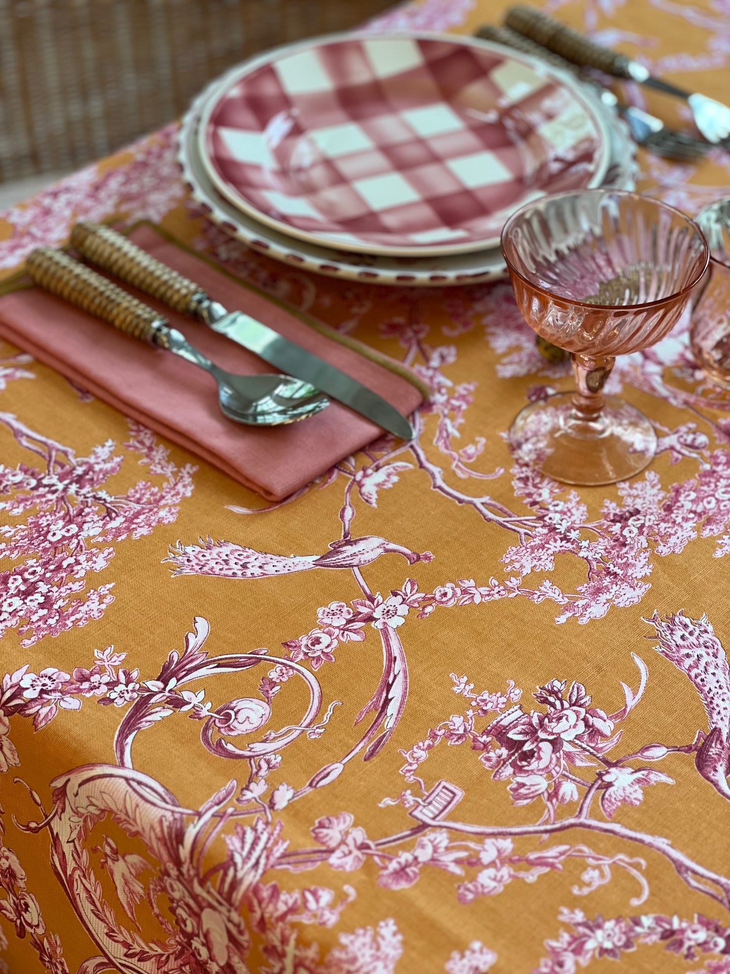 French Toile Tablecloth Ludivine in Pink and Orange