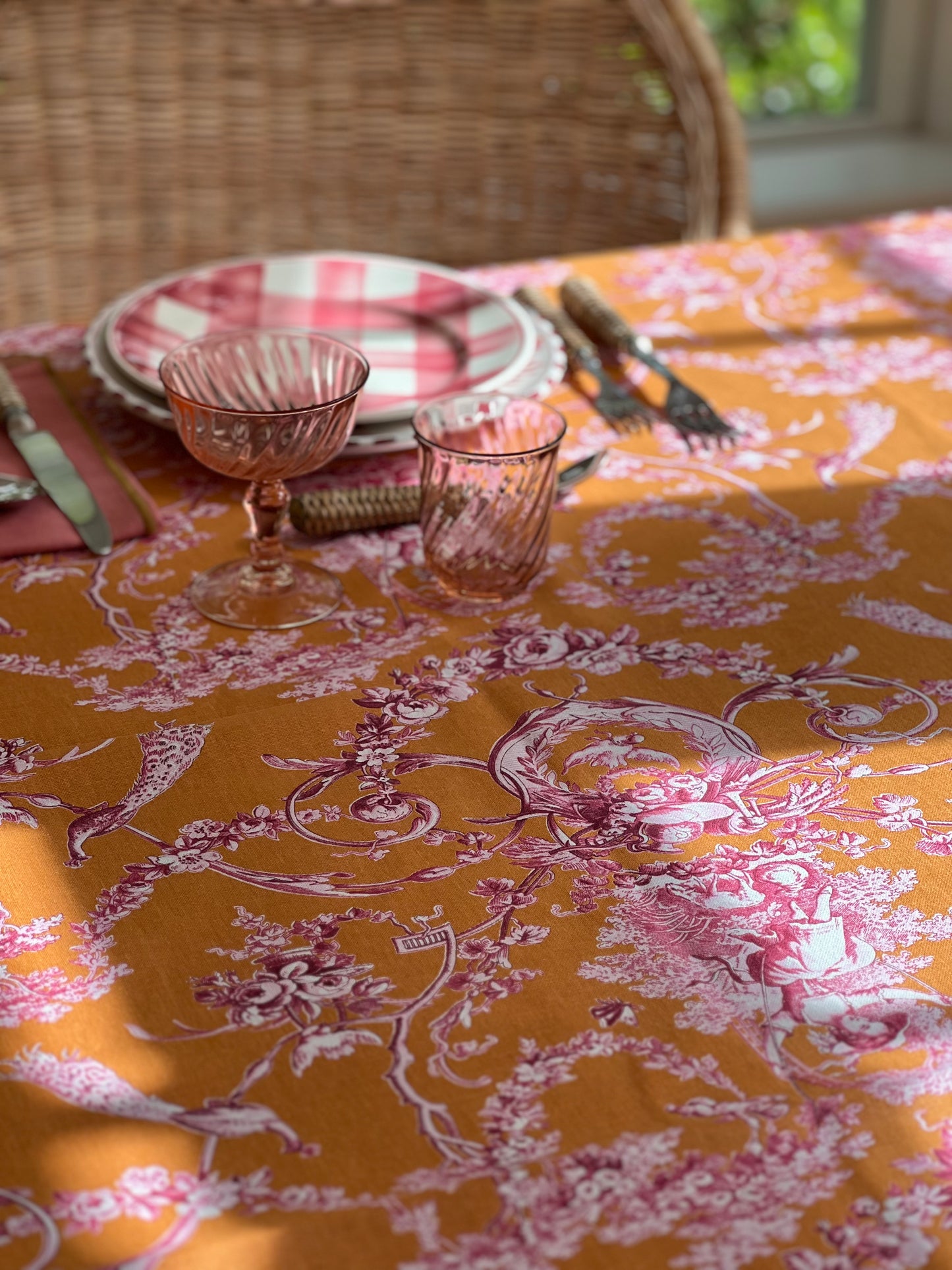 French Toile Tablecloth Ludivine in Pink and Orange
