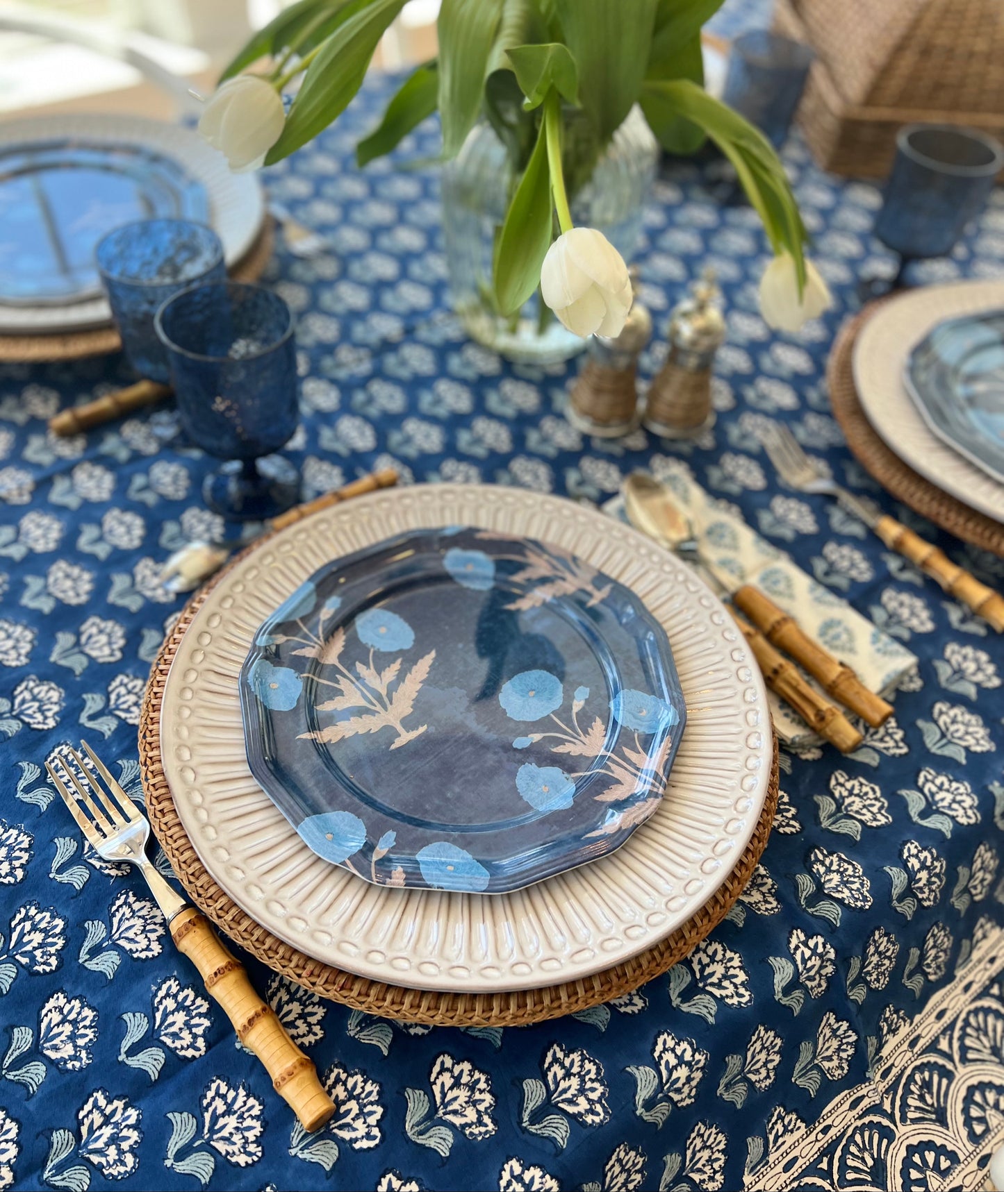 Hyannis Blue Floral Block Print Tablecloth (Large)