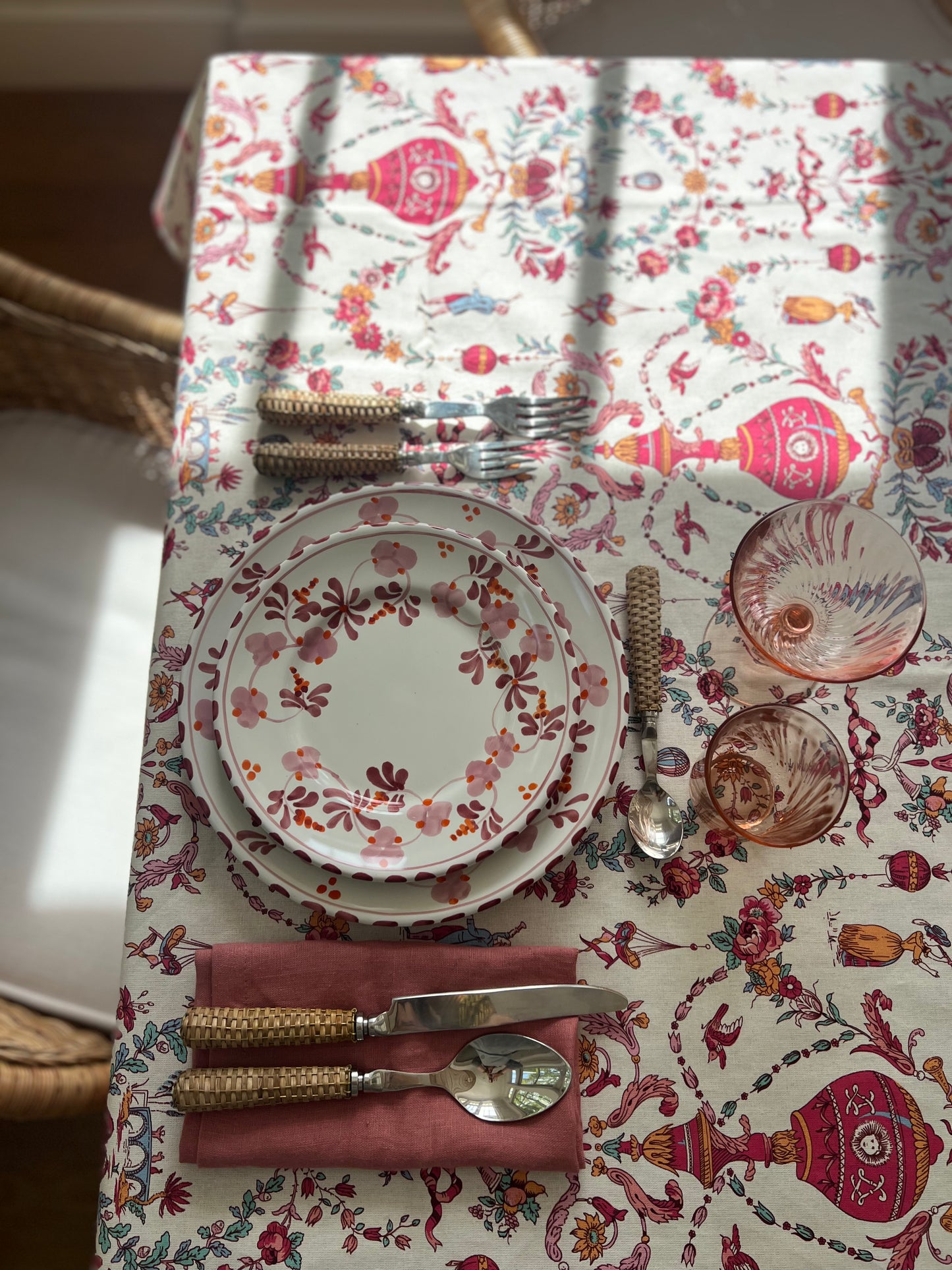 French Toile Tablecloth Limoges in Pink