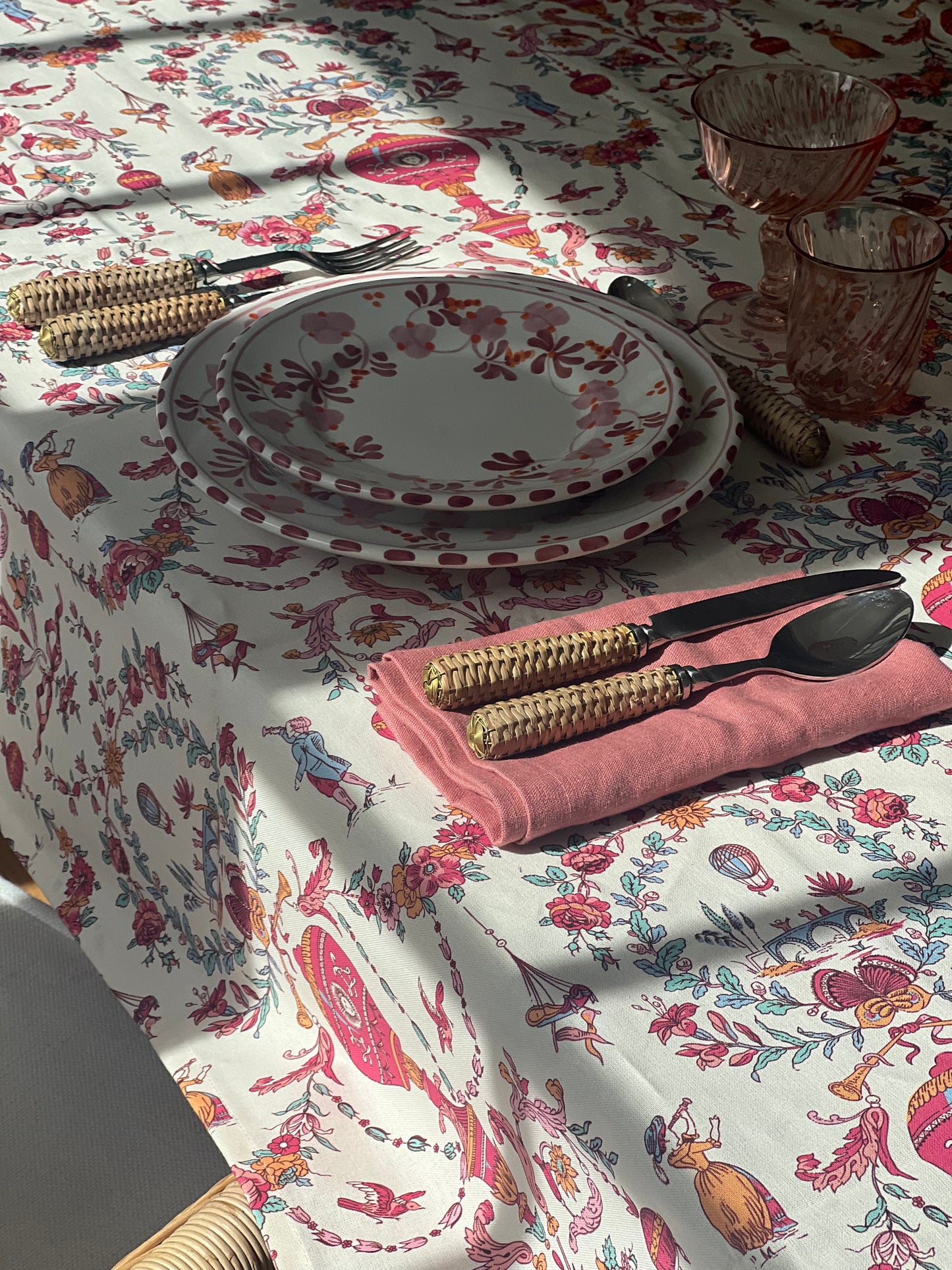 French Toile Tablecloth Limoges in Pink