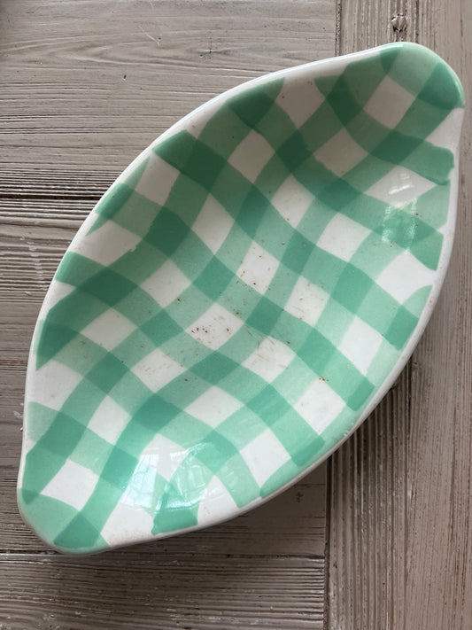 Small Vintage Gingham Serving Dish in Mint Greens by Salins