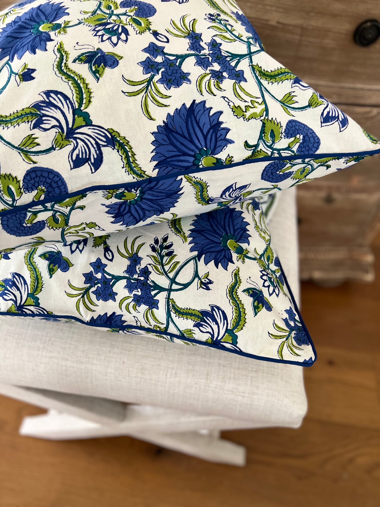 Cape Cod Klein Blue and Green Floral Pillow with Piping