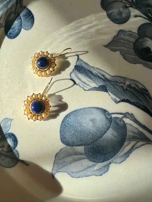 Small Button Stone Blue Lapis Lazuli Earrings