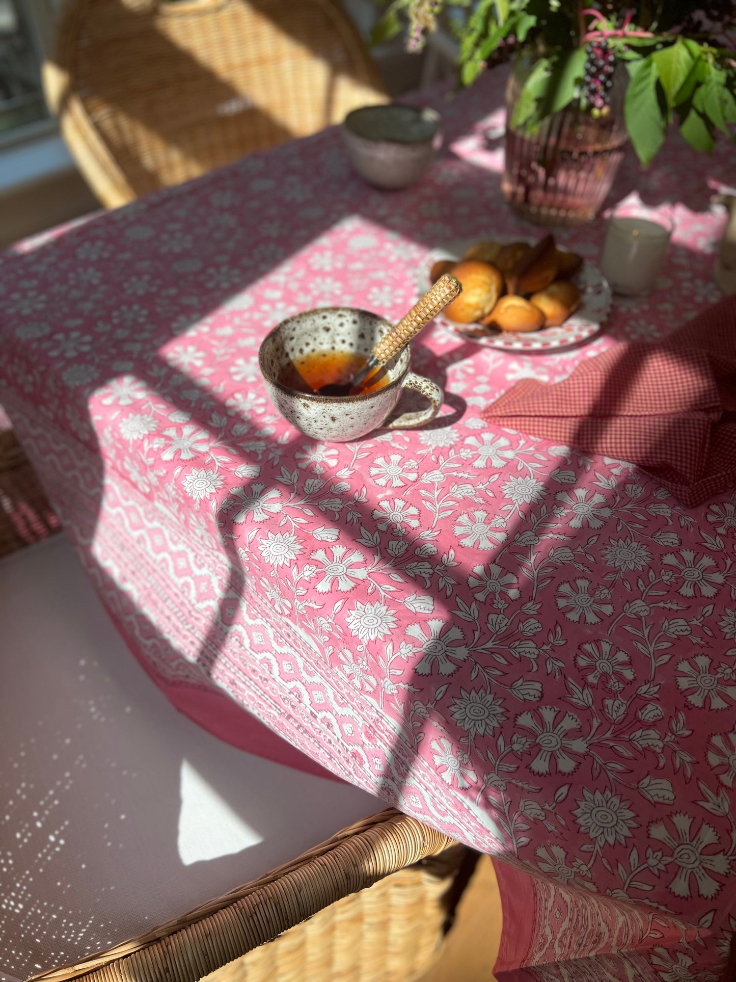 Brewster Pink Floral Block Print Tablecloth (Large)