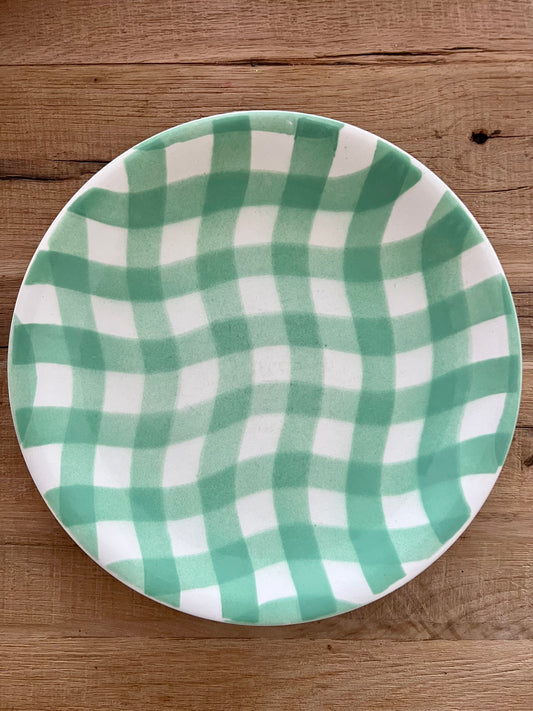 Set of 2 Vintage Gingham Dinner Plates in Mint Greens by Salins