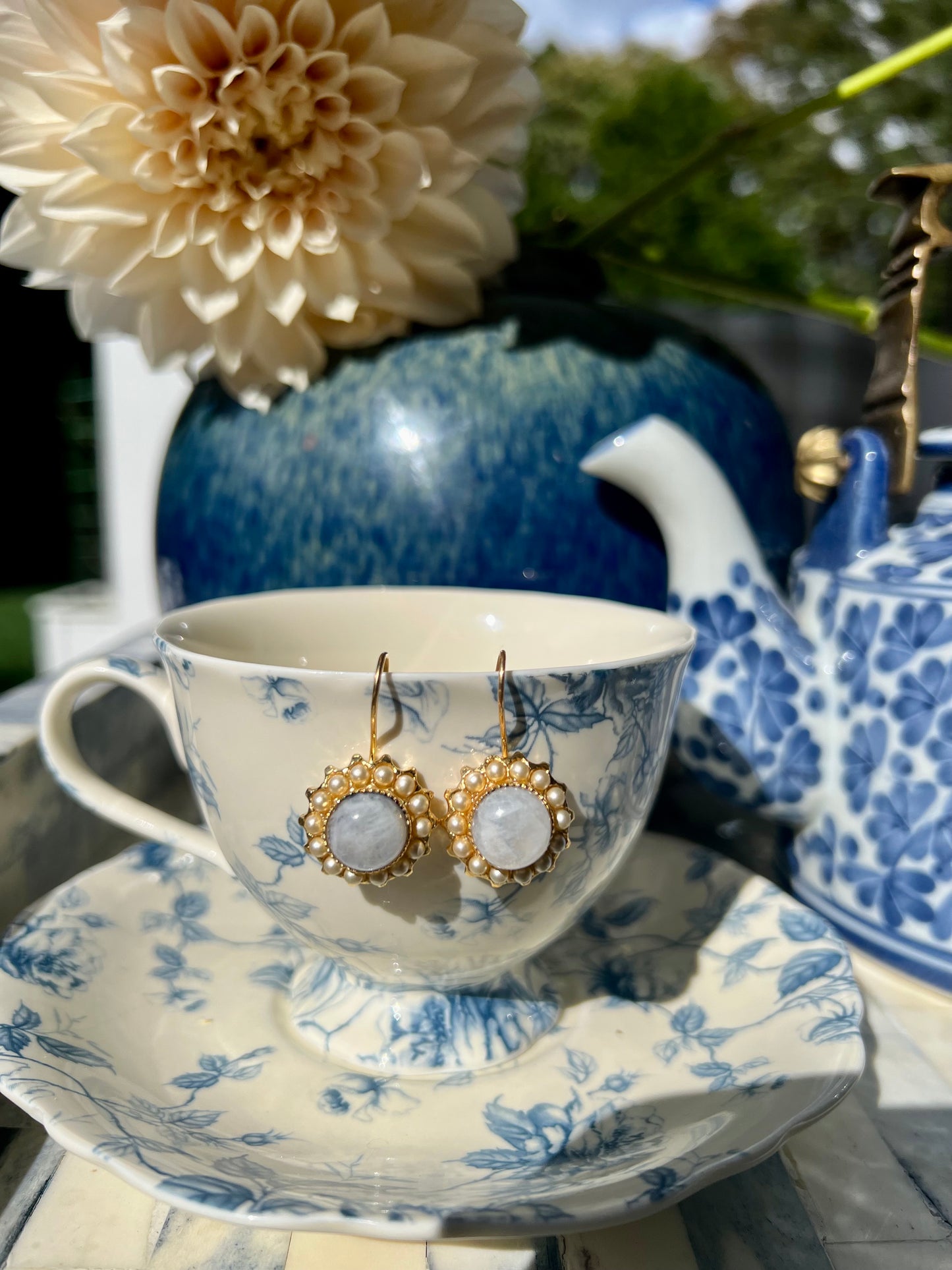 Button Stone Moonstone Earrings