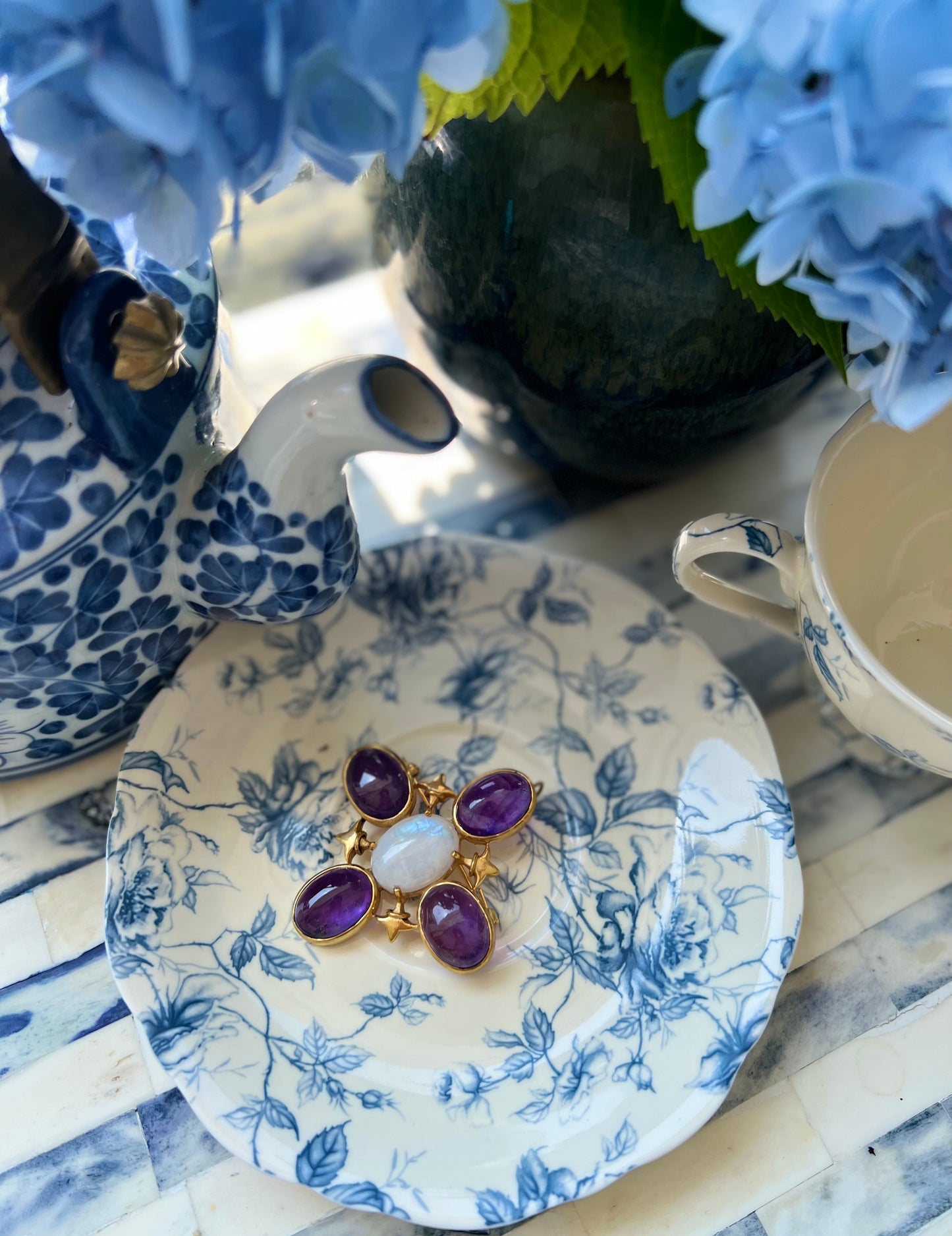 Moonstone and Amethyst Brooch