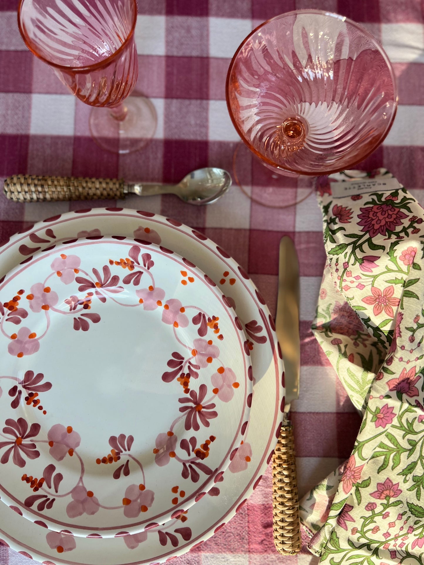 Pink Checkered Block Print Second-Hand Tablecloth with Napkins