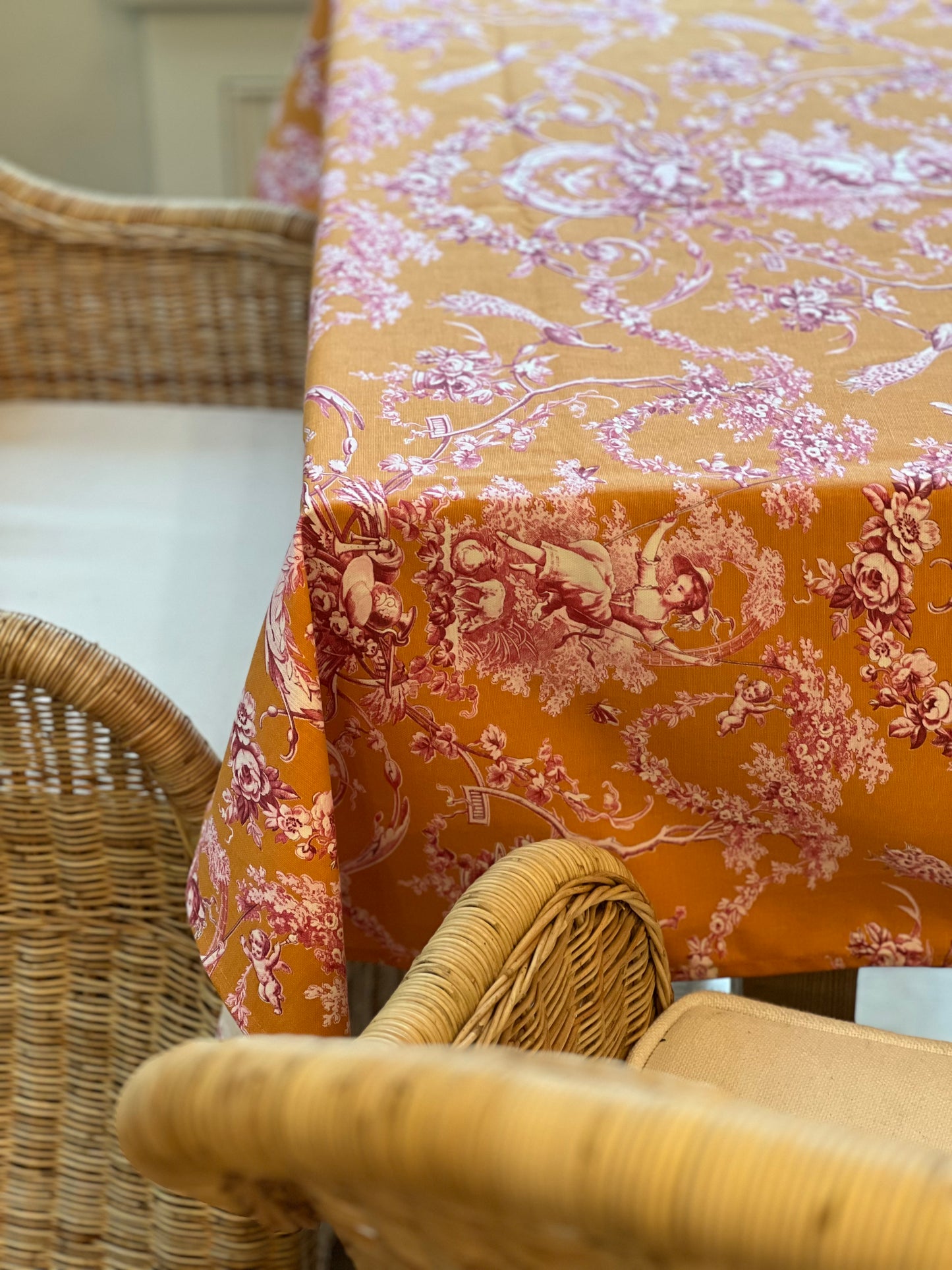 French Toile Tablecloth Ludivine in Pink and Orange