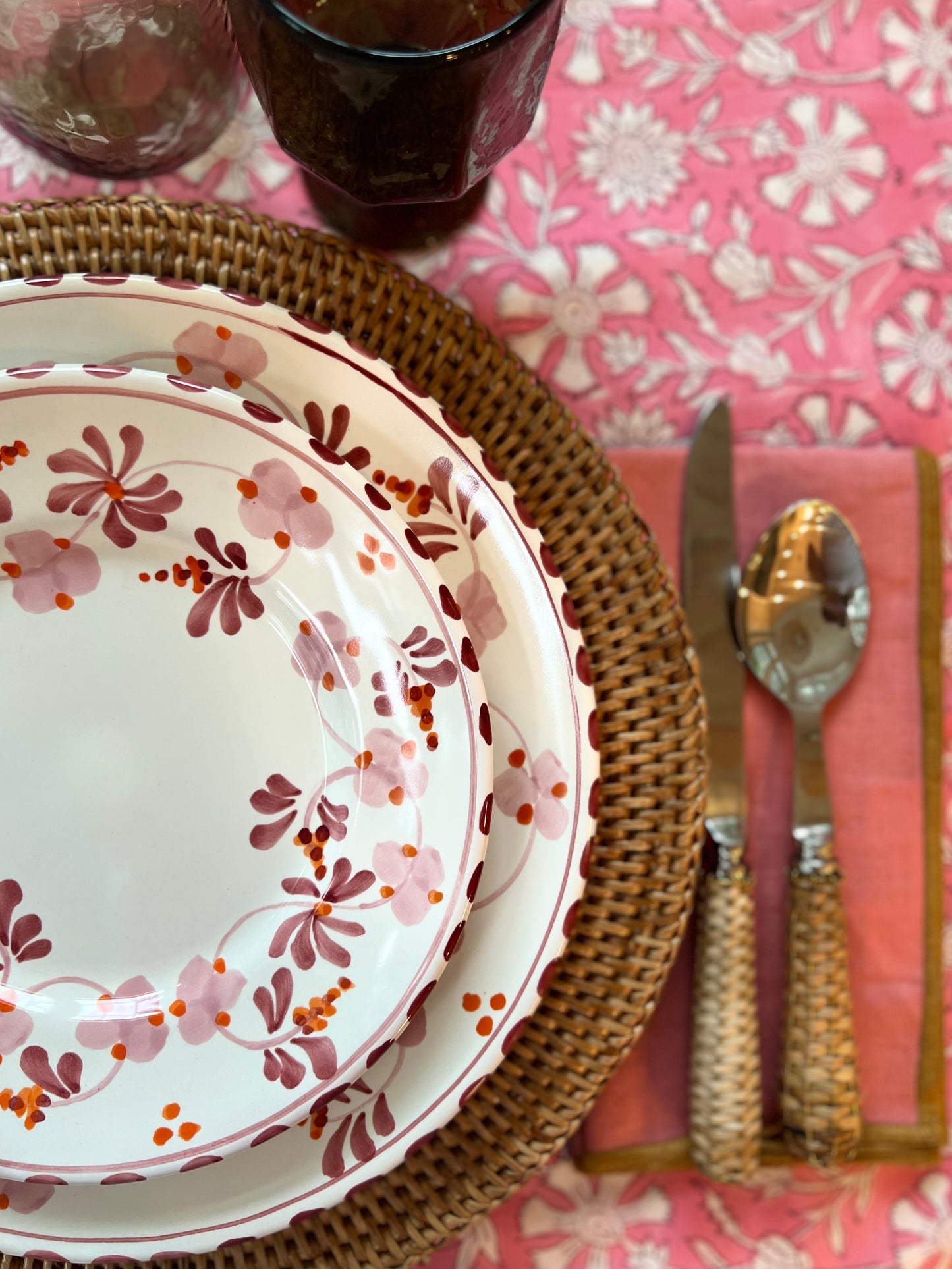 Brewster Pink Floral Block Print Tablecloth (Large)